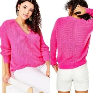 Lilly‎ Pulitzer Kasmina V Neck Sweater Large Pink Isle relaxed fit wool casual